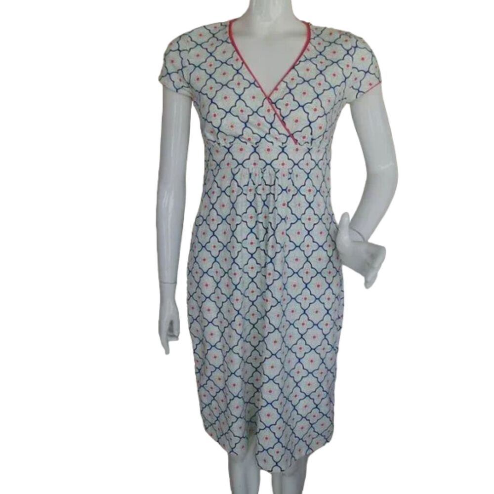 Boden Jersey Dress, 6R, White/Blue, Geometric/Tiled print, Short sleeves
